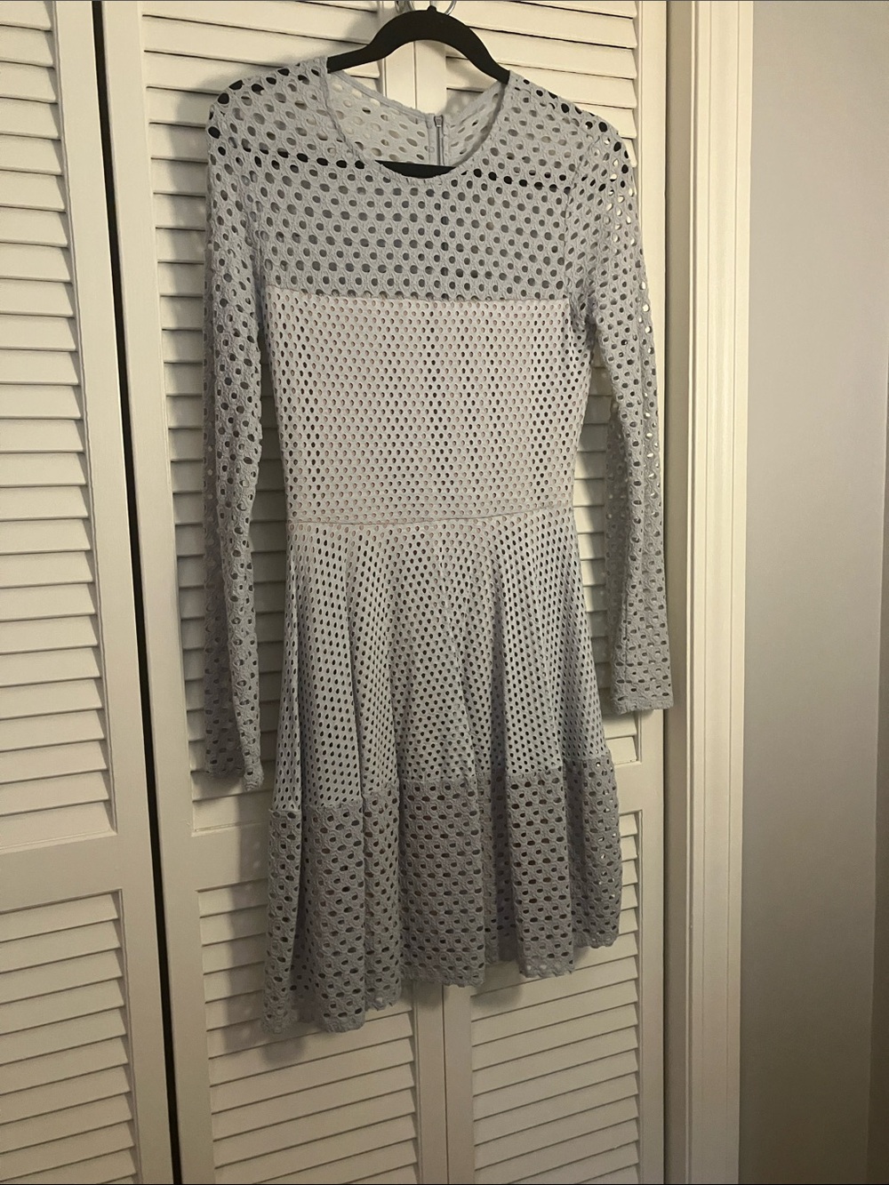 BCBGMaxAzria Light Gray Eyelet Long-Sleeve Fit & Flare Dress